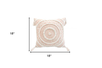 18" X 18" Peach And White Geometric Zippered Polyester And Cotton Blend Throw Pillow With Tassels