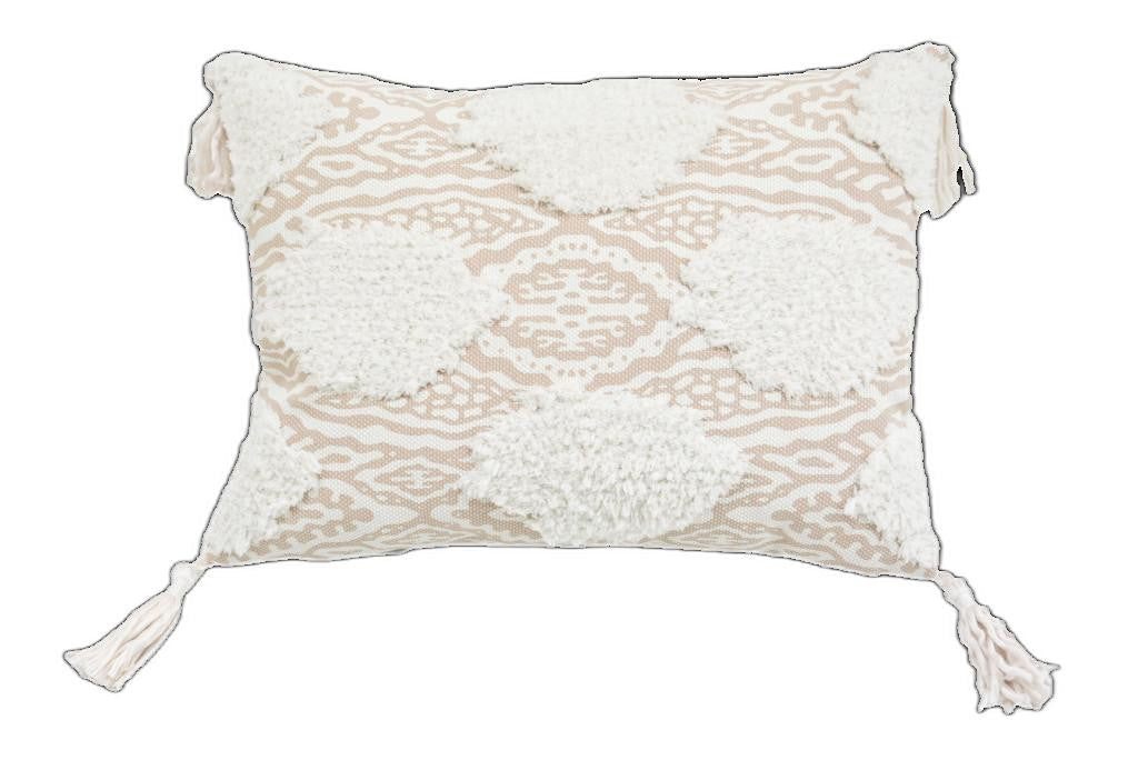 13" X 18" Beige And White Ogee Zippered Polyester And Cotton Blend Throw Pillow With Tassels