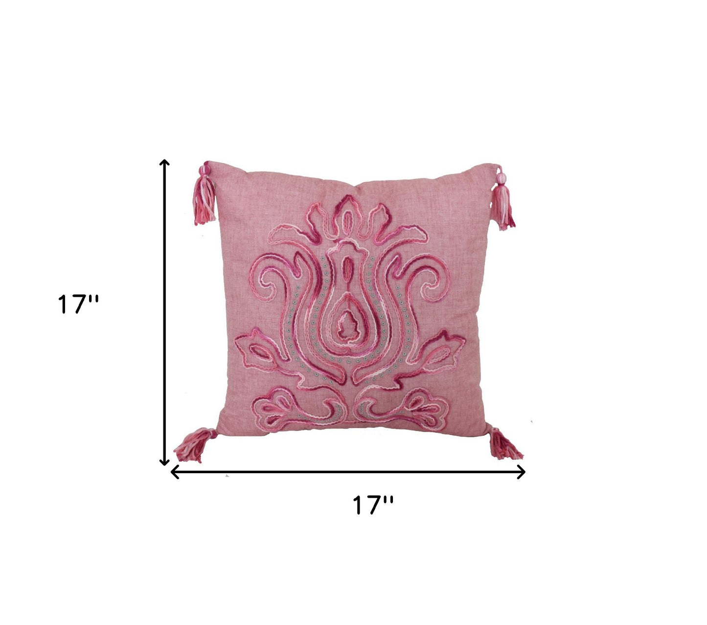 17" X 17" Light Pink Polyester Zippered Pillow With Tassels