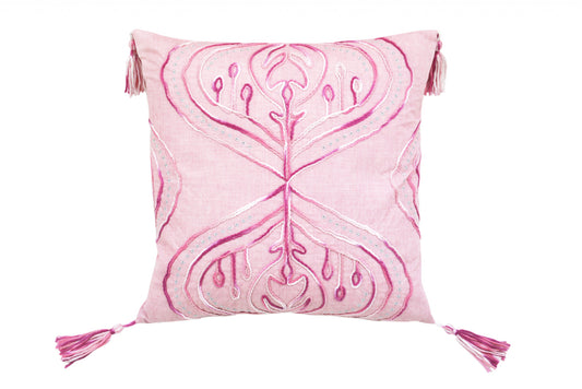 17" X 17" Pink White And Silver Abstract Zippered Polyester Throw Pillow With Tassels