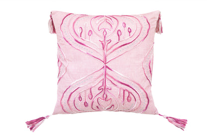 17" X 17" Pink White And Silver Abstract Zippered Polyester Throw Pillow With Tassels