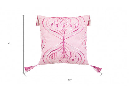 17" X 17" Pink White And Silver Abstract Zippered Polyester Throw Pillow With Tassels