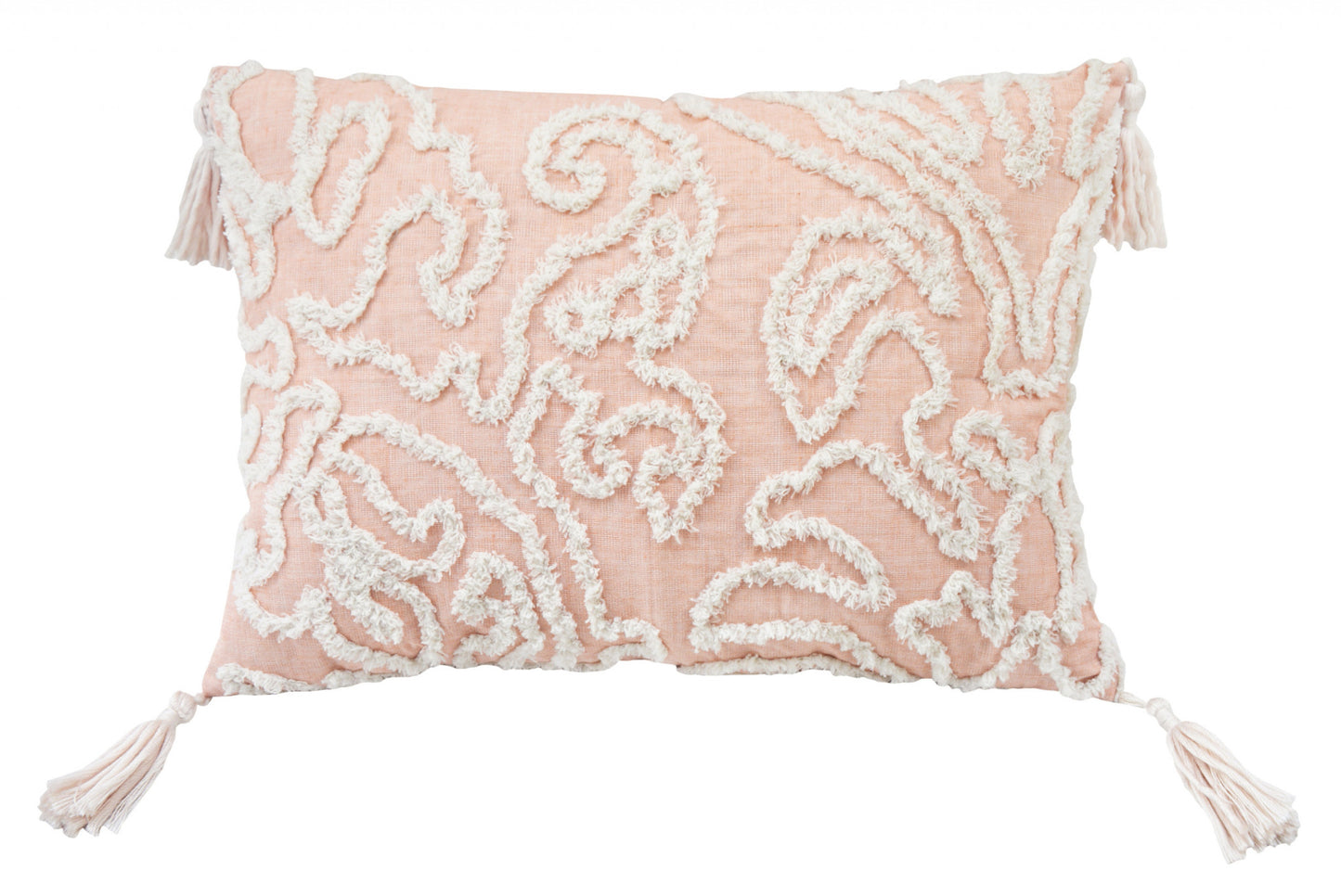 13" X 18" Beige and Ivory Damask Cotton Throw Pillow With Embroidered, Tassels, Textured