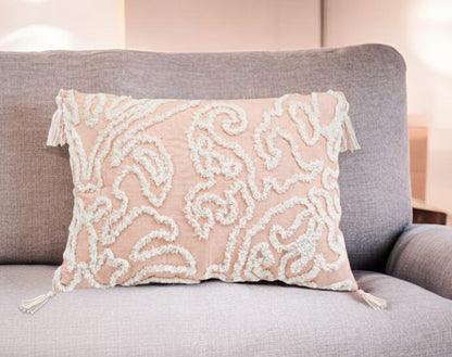 13" X 18" Beige and Ivory Damask Cotton Throw Pillow With Embroidered, Tassels, Textured