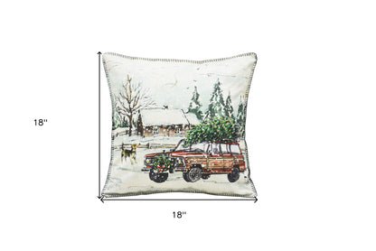 18" X 18" Snowy Christmas Tree and Lodge Throw Pillow