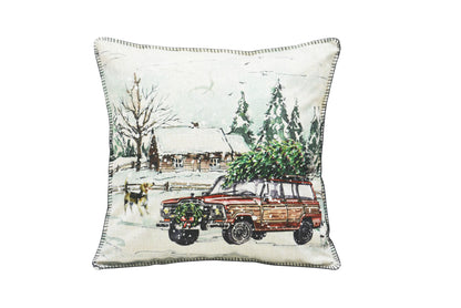 18" X 18" Snowy Christmas Tree and Lodge Throw Pillow