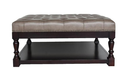 35" Gray And Dark Brown Leather And Solid Wood Coffee Table With Shelf