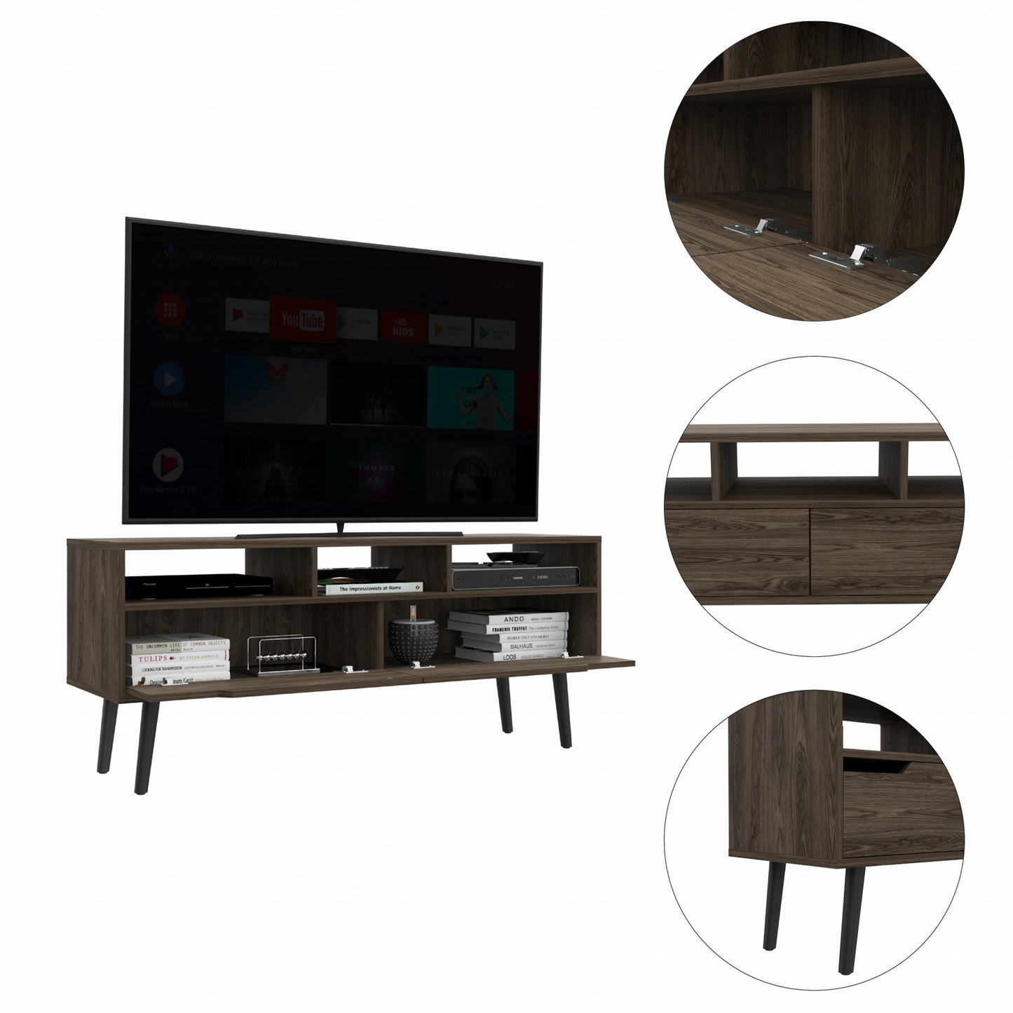 54" Dark Walnut Manufactured Wood Open Shelving TV Stand