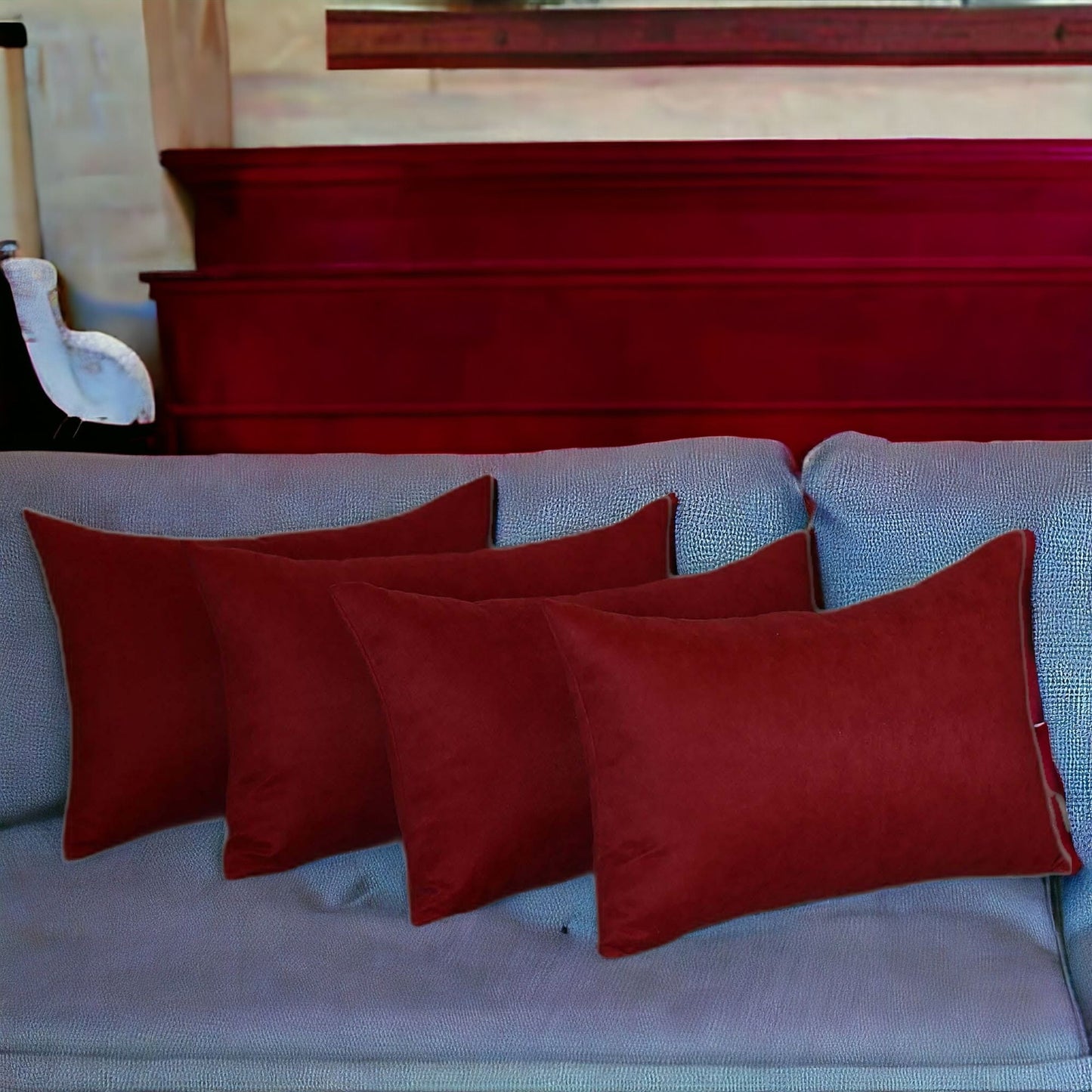 Set Of Four 12" X 20" Claret Red Polyester Zippered Pillow Cover