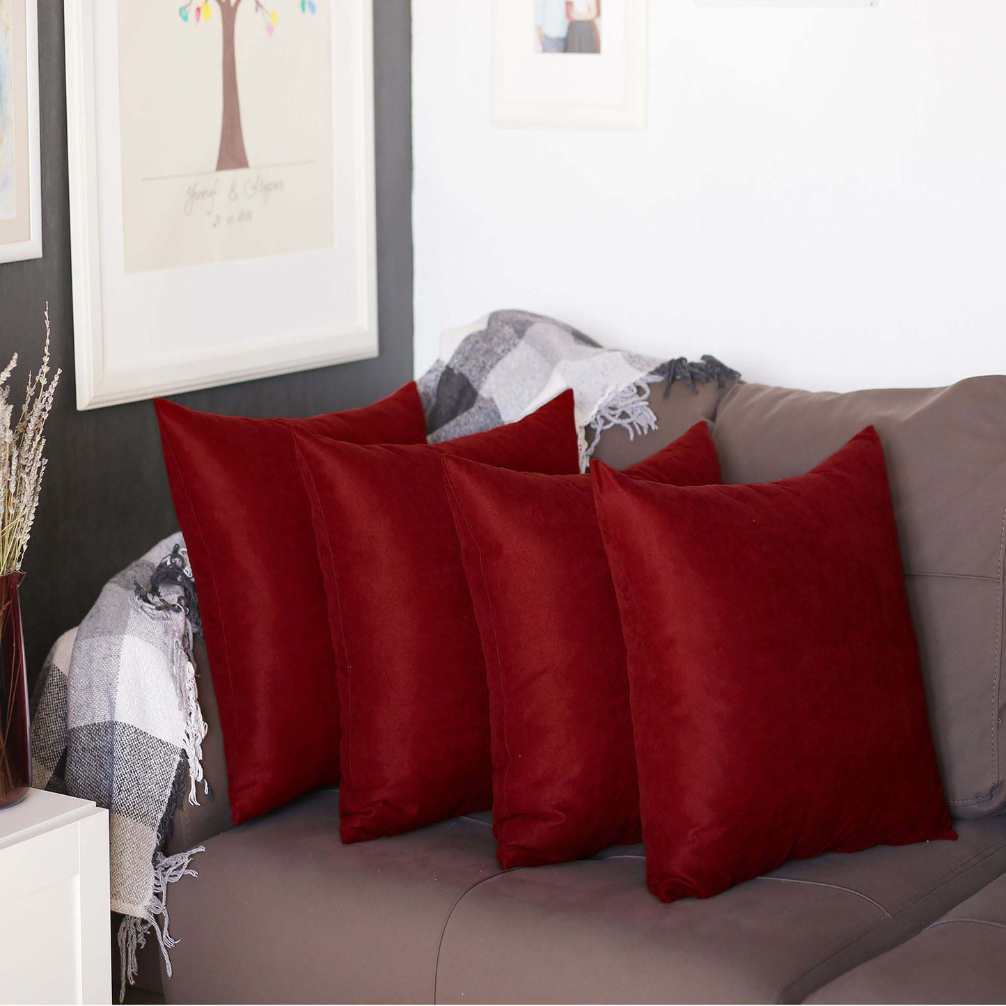 Set Of Four 17" X 17" Claret Red Polyester Zippered Pillow Cover