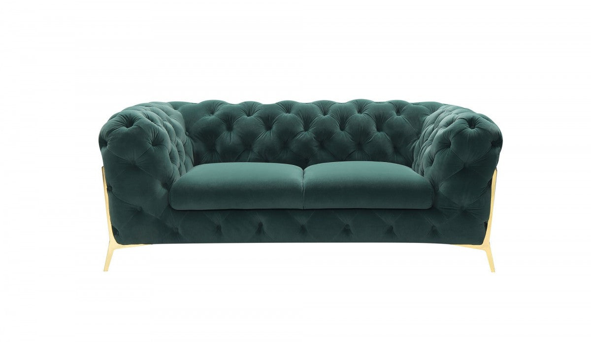 74" Emerald Green And Gold Velvet Loveseat