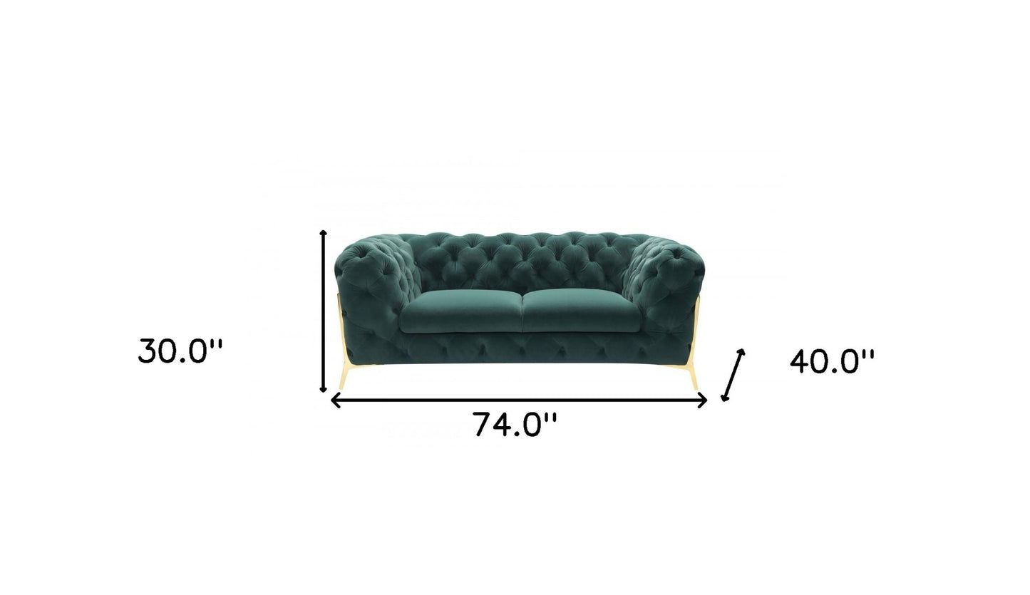 74" Emerald Green And Gold Velvet Loveseat