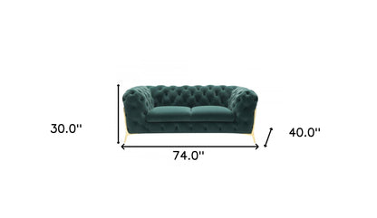 74" Emerald Green And Gold Velvet Loveseat