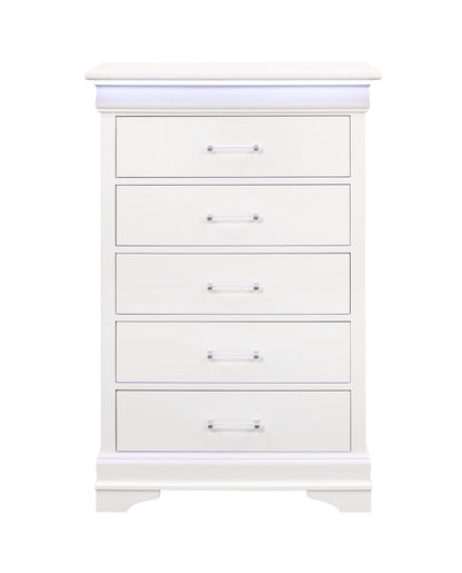 16" White Solid Wood Five Drawer Chest with LED Lighting