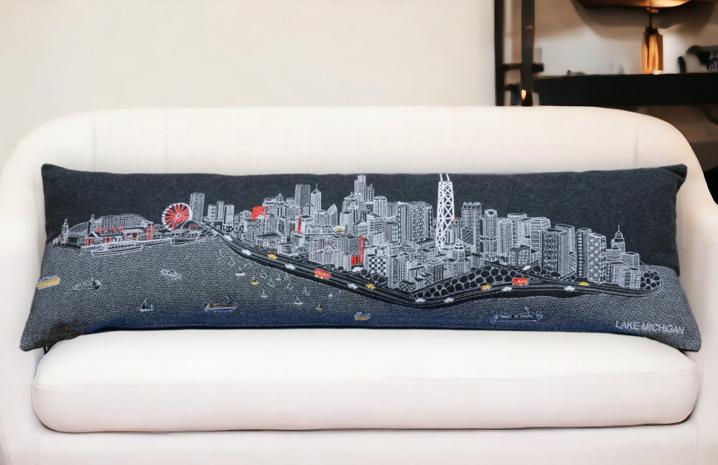 46" Black Chicago Nighttime Skyline Lumbar Decorative Pillow