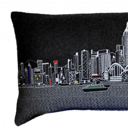 46" Black Hong Kong Nighttime Skyline Lumbar Decorative Pillow