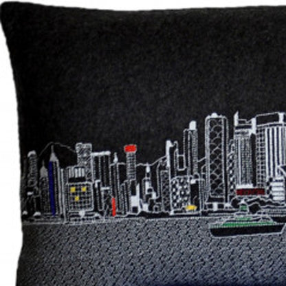 46" Black Hong Kong Nighttime Skyline Lumbar Decorative Pillow