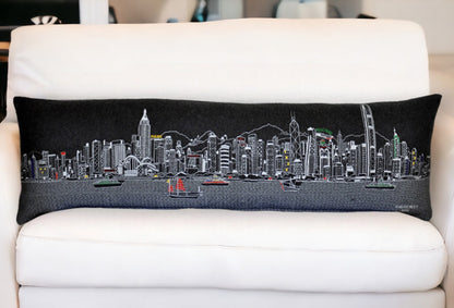 46" Black Hong Kong Nighttime Skyline Lumbar Decorative Pillow