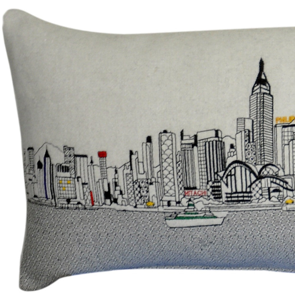 46" White Hong Kong Daylight Skyline Lumbar Decorative Pillow