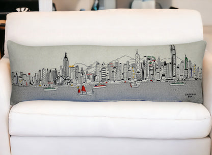 46" White Hong Kong Daylight Skyline Lumbar Decorative Pillow