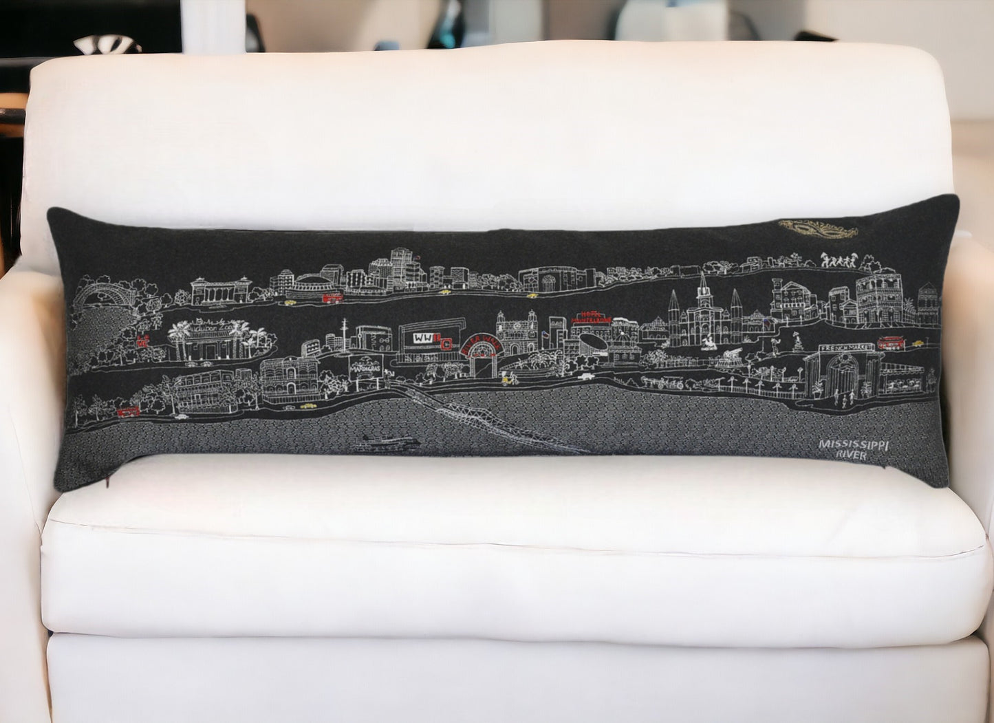 46" Black New Orleans Nighttime Skyline Lumbar Decorative Pillow