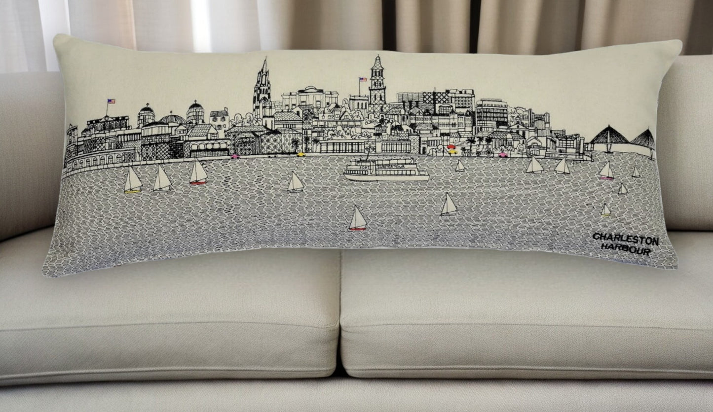 25" White Charleston Daylight Skyline Lumbar Decorative Pillow