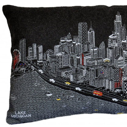 25" Black Chicago Nighttime Skyline Lumbar Decorative Pillow