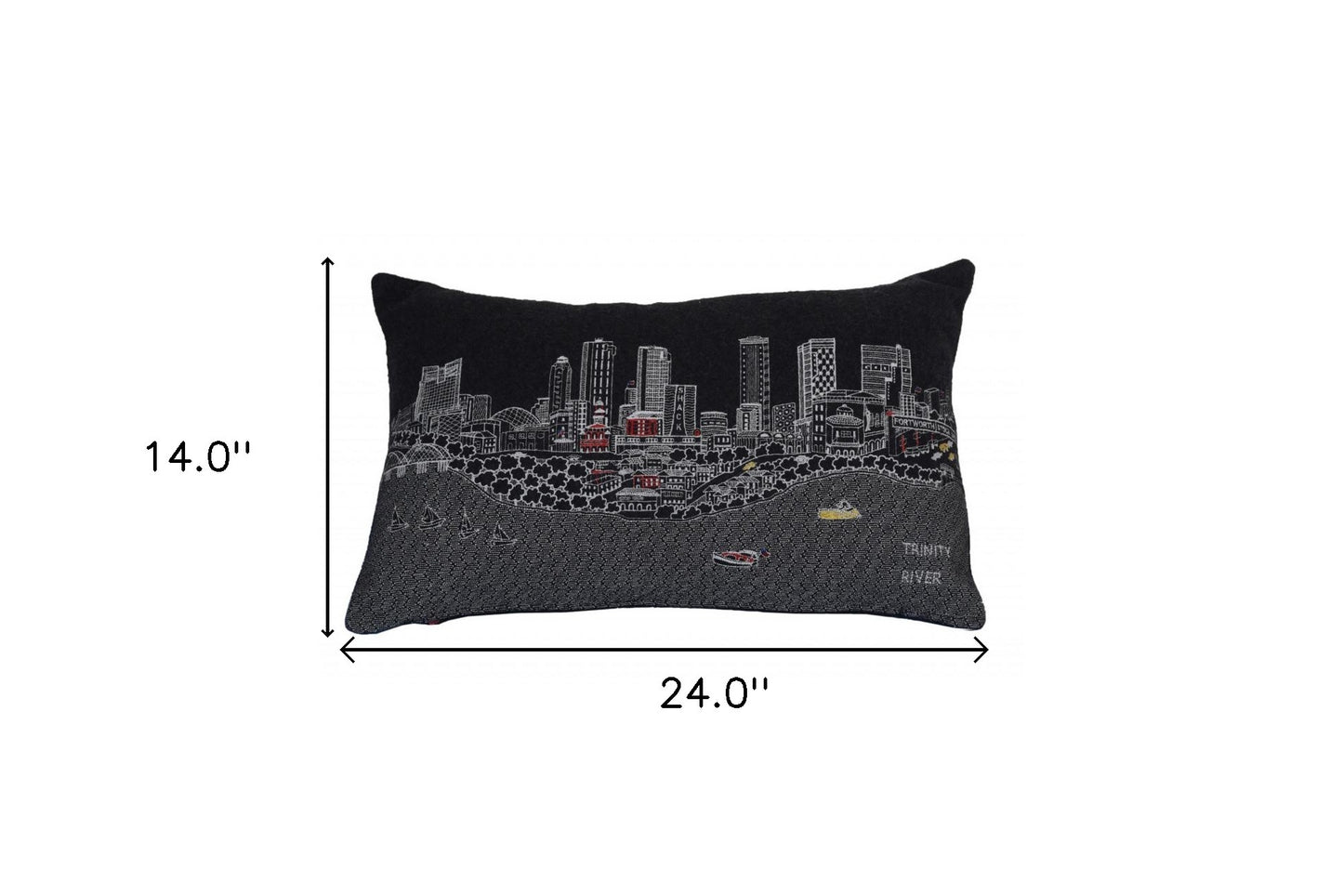 25" Black Fort Worth Nighttime Skyline Lumbar Decorative Pillow