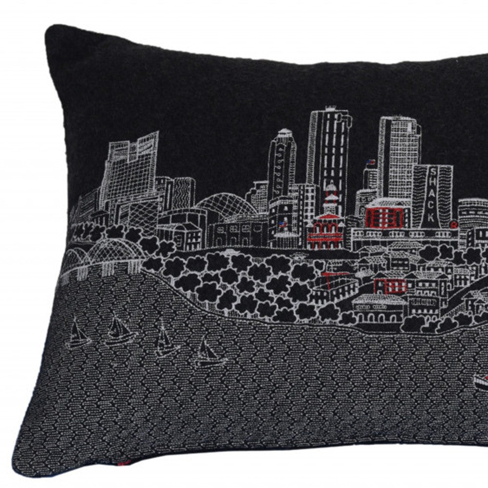 25" Black Fort Worth Nighttime Skyline Lumbar Decorative Pillow