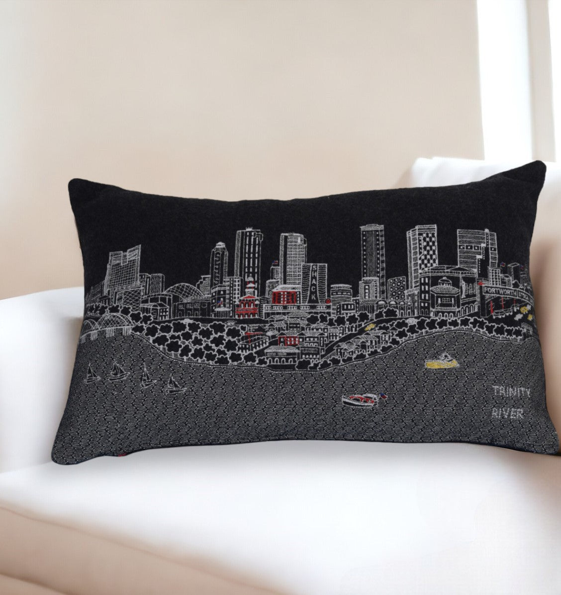 25" Black Fort Worth Nighttime Skyline Lumbar Decorative Pillow