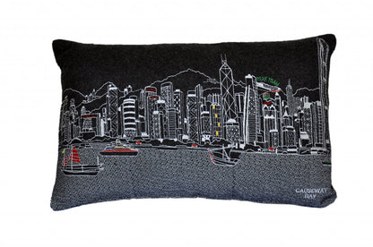 25" Black Hong Kong Nighttime Skyline Lumbar Decorative Pillow