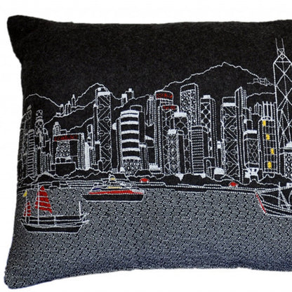 25" Black Hong Kong Nighttime Skyline Lumbar Decorative Pillow