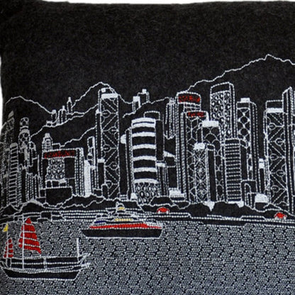 25" Black Hong Kong Nighttime Skyline Lumbar Decorative Pillow