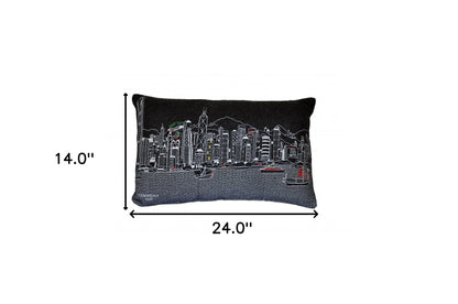 25" Black Hong Kong Nighttime Skyline Lumbar Decorative Pillow