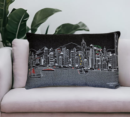 25" Black Hong Kong Nighttime Skyline Lumbar Decorative Pillow