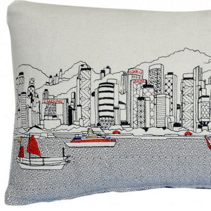 25" White Hong Kong Daylight Skyline Lumbar Decorative Pillow