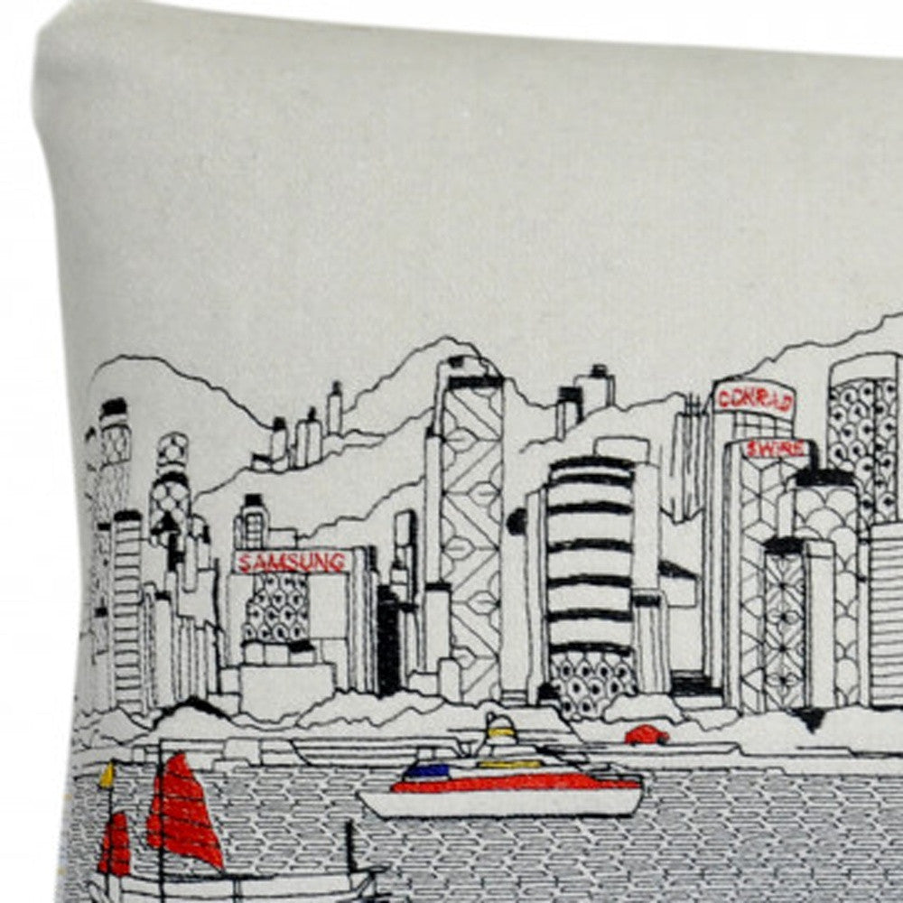 25" White Hong Kong Daylight Skyline Lumbar Decorative Pillow