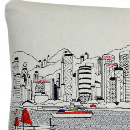 25" White Hong Kong Daylight Skyline Lumbar Decorative Pillow