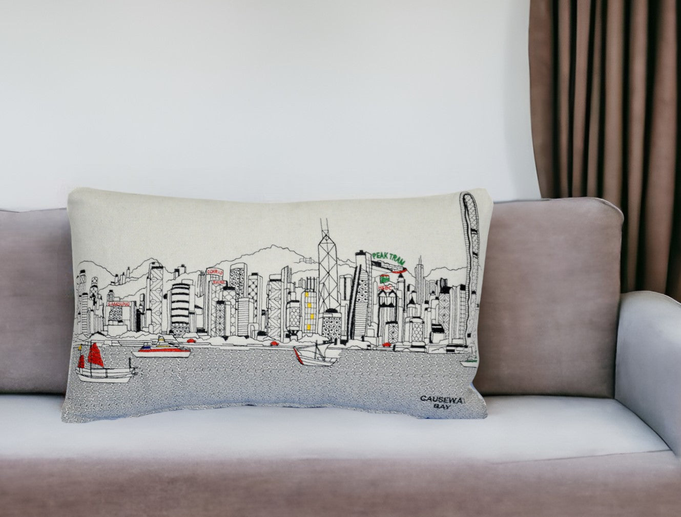 25" White Hong Kong Daylight Skyline Lumbar Decorative Pillow