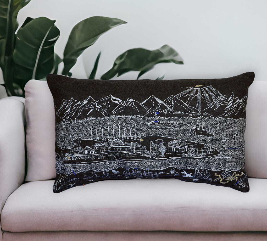 25" Black Homer Spit Nighttime Skyline Lumbar Decorative Pillow