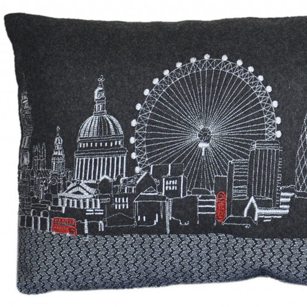 25" Black London Nighttime Skyline Lumbar Decorative Pillow