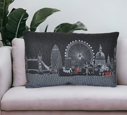 25" Black London Nighttime Skyline Lumbar Decorative Pillow