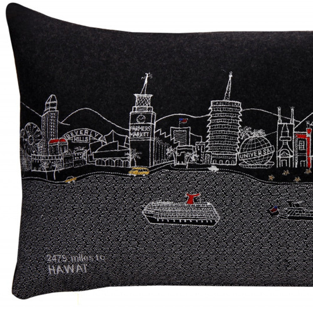 25" Black Los Angeles Nighttime Skyline Lumbar Decorative Pillow