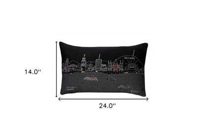 25" Black Los Angeles Nighttime Skyline Lumbar Decorative Pillow