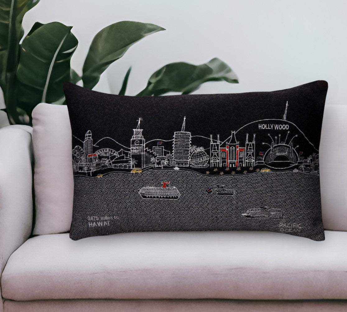 25" Black Los Angeles Nighttime Skyline Lumbar Decorative Pillow