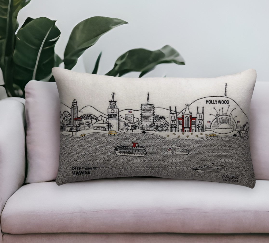 25" White Los Angeles Daylight Skyline Lumbar Decorative Pillow