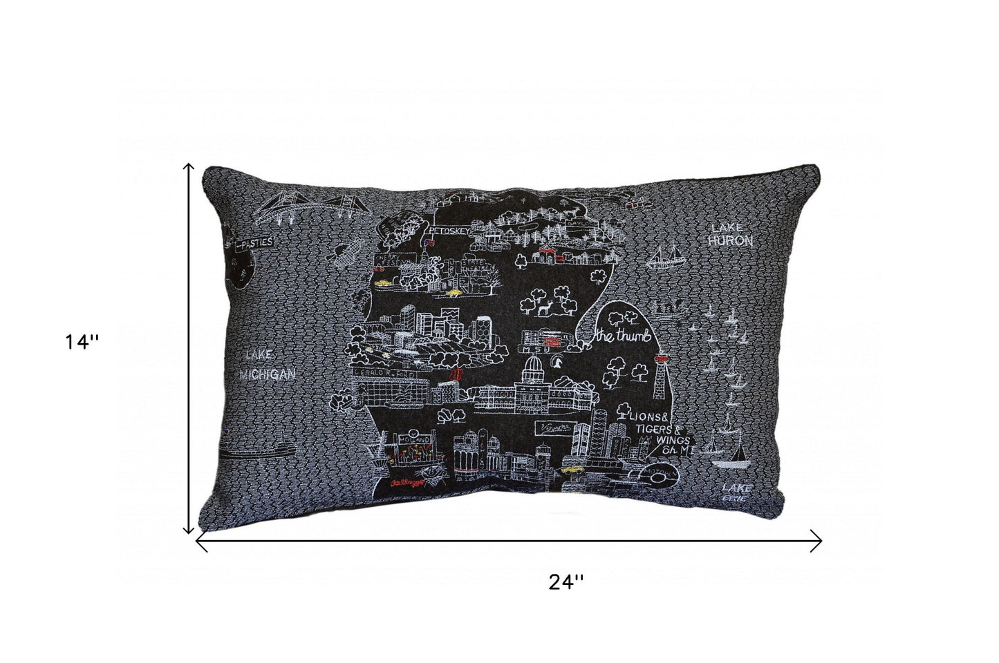 25" Black Michigan Lower Peninsula Nighttime Skyline Lumbar Decorative Pillow