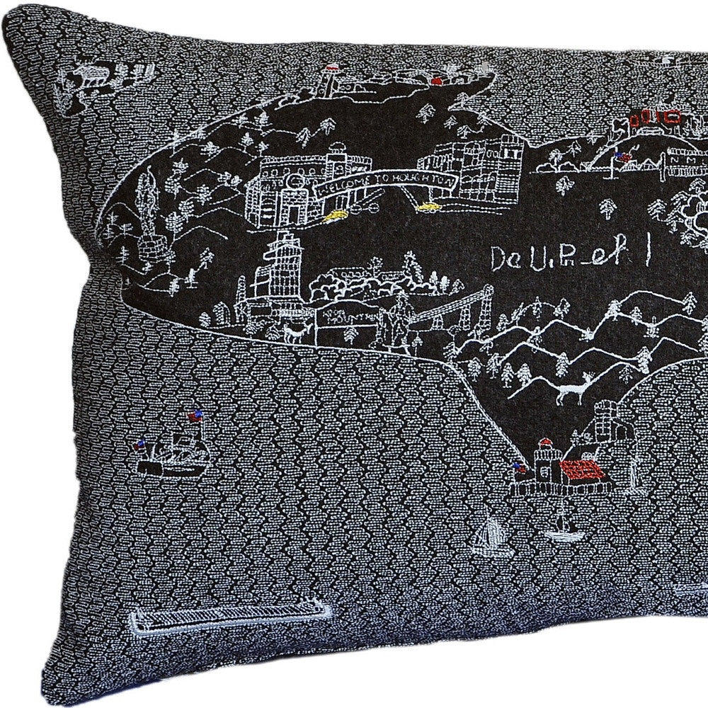 25" Black Michigan Upper Peninsula Nighttime Skyline Lumbar Decorative Pillow