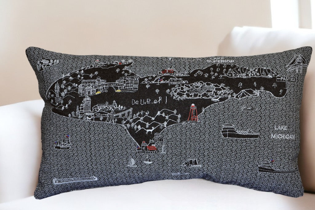 25" Black Michigan Upper Peninsula Nighttime Skyline Lumbar Decorative Pillow