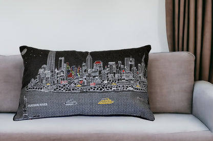 25" Black NYC Nighttime Skyline Lumbar Decorative Pillow